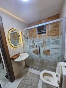 a bathroom with a shower and a toilet and a sink at Jordan home in Irbid