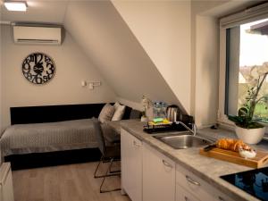 a kitchen with a sink and a bed in a room at Apartamenty Pyskowice in Pyskowice