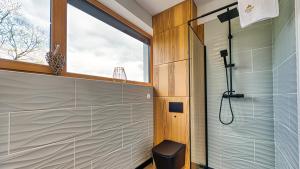 a bathroom with a shower and a window at Willa Izerska z ogrodem by Royal Aparts in Pobiedna +18 photos