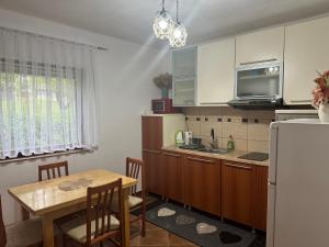 eine Küche mit einem Tisch, einem Kühlschrank und einer Spüle in der Unterkunft Apartment Valentina in Bročanac