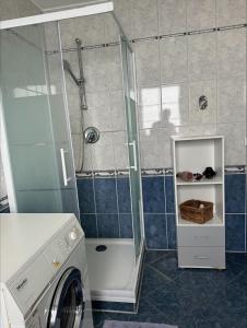 eine Waschmaschine im Bad mit Dusche in der Unterkunft Ferienwohnung 2 mit Garten in Hannover