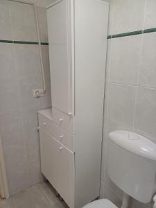 a white bathroom with a toilet and a shower at Apartment Bauk in Draga Bašćanska