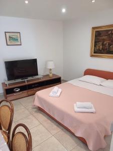 um quarto de hotel com duas camas e uma televisão em Apartment Bauk em Draga Bašćanska