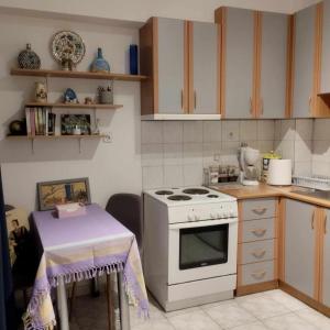 cocina con fogones y mesa. en Small and cosy appartment- Piccolina, en Loutraki