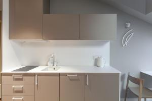 eine Küche mit weißen Schränken und einem Waschbecken in der Unterkunft Somnia Apartments in Vilnius