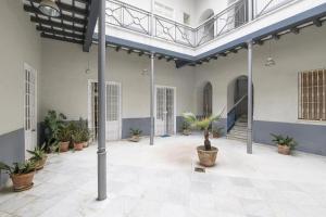 El Loft de la Reina - Apartamento Interior في خيريز دي لا فرونتيرا: ساحة مع نباتات الفخار في مبنى