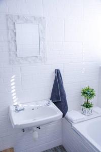 ein weißes Badezimmer mit einem Waschbecken und einem Spiegel in der Unterkunft Neat & New Private 2 bedroom Backyard Flat. in Windhoek