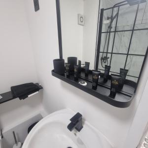 a bathroom with a white toilet and a mirror at Quite central flat in Plymouth