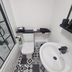 a bathroom with a white toilet and a sink at Quite central flat in Plymouth