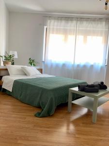 ein Schlafzimmer mit einem großen Bett und einem Fenster in der Unterkunft City Apartment Acqui Terme in Acqui Terme