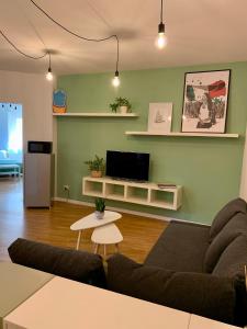ein Wohnzimmer mit einem Sofa und einem TV in der Unterkunft City Apartment Acqui Terme in Acqui Terme