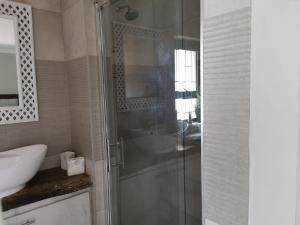 a bathroom with a glass shower and a sink at 19th on Bloekom Guesthouse in Secunda