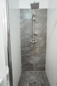 baño con ducha y puerta de cristal en Willa Klonowa, en Wisła