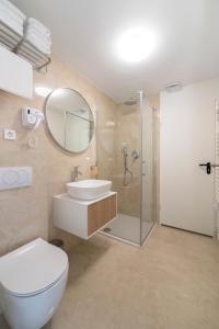 e bagno con servizi igienici, lavandino e doccia. di Apartments Pamer, 4th floor a Zagabria