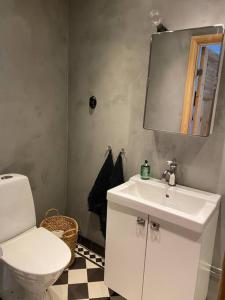 y baño con aseo blanco y lavamanos. en Vackert gathus i Gamla Limhamn nära Eurovision en Malmö