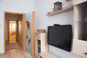een woonkamer met een flatscreen-tv aan de muur bij Seek and Hide - Ilse's Hideaway in Braşov