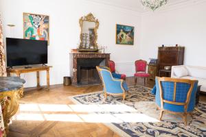 uma sala de estar com lareira e televisão em Magnifique appartement au coeur de Versailles em Versailles