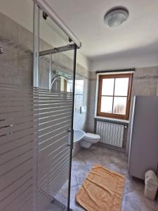 La salle de bains est pourvue d'une douche et de toilettes. dans l'établissement Rastenfeldhof, à Parcines