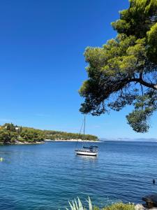 ein Boot in der Mitte eines großen Wasserkörpers in der Unterkunft PAMA LUKO Apartment 100m from Beach, Tennis court & Gym, FREE Parking in Supetar