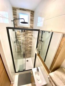 ein kleines Bad mit einem Waschbecken und einer Dusche in der Unterkunft Cosy Studio neuf centre-ville in Orsay