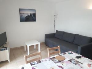 ein Wohnzimmer mit einem blauen Sofa und einem Tisch in der Unterkunft APPARTEMENT CANET EN ROUSSILLON in Canet-en-Roussillon