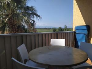 einen Tisch und Stühle auf einem Balkon mit einer Palme in der Unterkunft APPARTEMENT CANET EN ROUSSILLON in Canet-en-Roussillon