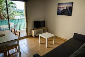 ein Wohnzimmer mit einem Sofa, einem TV und einem Tisch in der Unterkunft APPARTEMENT CANET EN ROUSSILLON in Canet-en-Roussillon