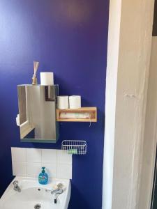 baño con lavabo y pared azul en Charming 1-Bed Apartment in London, en Londres