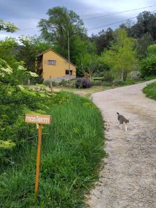 un chat marchant sur un chemin de terre avec un panneau indiquant la rue dans l'établissement Apartament a Mas l'Erm, à Gérone