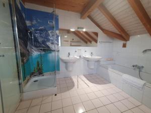 a bathroom with two sinks and a shower at Armonia Altach in Altach