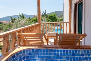 a balcony with two chairs and a swimming pool at Elixir Hotel in Kalkan