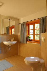 Ferienhaus zum Rundling في بيرنا: حمام مع حوض ومرحاض ونافذة