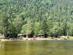 a view of a lake with houses and trees at Nisser Hyttegrend og Camping in Fjone