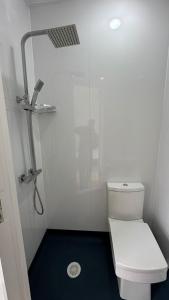 a small bathroom with a toilet and a shower at Very Spacious 9 Bedroom House-Garden-Parking for 6 in Gloucester