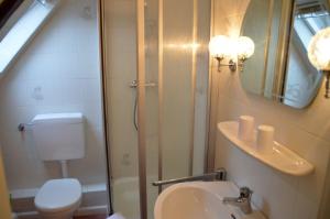 a bathroom with a toilet and a sink and a shower at Nordseestübchen Whg 05 in Nieblum