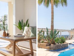 a living room with a table and a palm tree at Sanders Seaview Paphos in Chlorakas