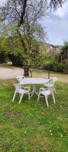 ein weißer Picknicktisch und zwei Stühle im Gras in der Unterkunft appartement indépendant privé in Mathay
