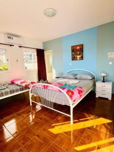 1 dormitorio con 2 camas y pared azul en Casa BB&Djassi, en Ponta do Sol