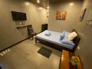 公主港的住宿－Wilnags Inn Puerto Princesa near airport，一间带床和电视的客厅