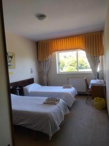 una camera d'albergo con due letti e una finestra di Casa de mamá a Santiago de Compostela