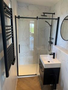 a bathroom with a glass shower and a sink at Vogelvrij, vakantie woning met landelijk uitzicht en geheel omheinde tuin in Burgerbrug