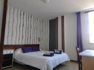 um quarto com uma cama com almofadas azuis em Casa de mamá em Santiago de Compostela