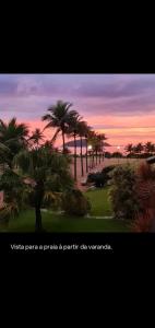 a sunset over a park with palm trees on a beach at Confortável, 1min da praia a pé in Niterói
