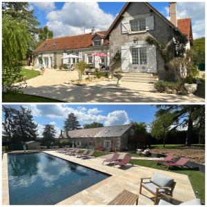 duas fotos de uma casa e uma piscina em Sans Souci Bed and Breakfast Luxe Heated Pool and Restaurant em Luzillé