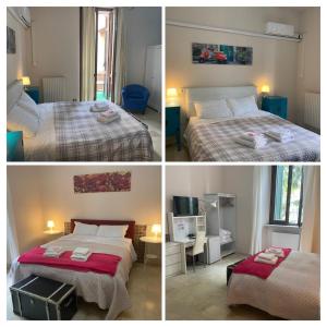 three pictures of a bedroom with two beds and a tv at Gira Guest House in Como