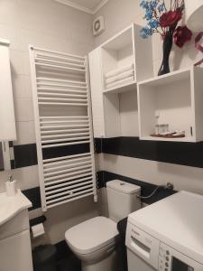 La petite salle de bains est pourvue de toilettes et d'un lavabo. dans l'établissement Beach Pearl Apartment, à Split