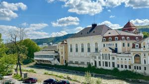 ein großes Gebäude mit davor geparkt in der Unterkunft AhrPart Hotel Central in Bad Neuenahr-Ahrweiler