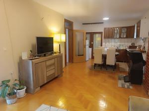 a living room with a television and a kitchen at Apartman Natura vita Blagaj in Blagaj