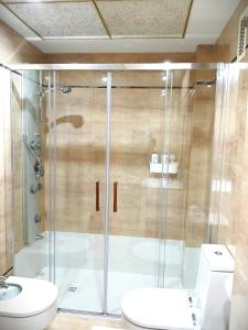 a bathroom with a shower with a toilet and a sink at Luxury Beachfront Apartment in Valencia