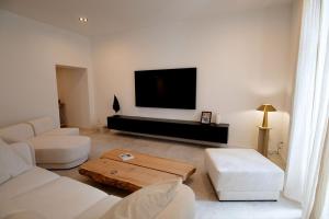 een woonkamer met witte meubels en een flatscreen-tv bij Appartement 120m2 in Aubenas